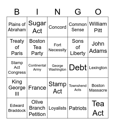 Start of the American Revolution Bingo Card
