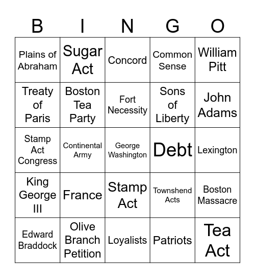 Start of the American Revolution Bingo Card