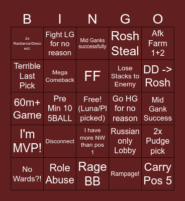 Dota 2 Pub Bingo Card