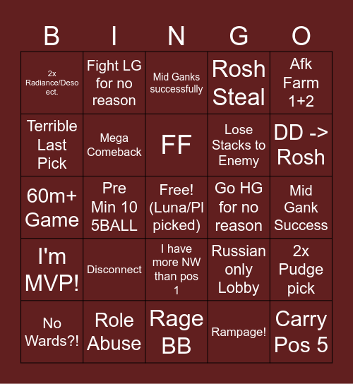Dota 2 Pub Bingo Card
