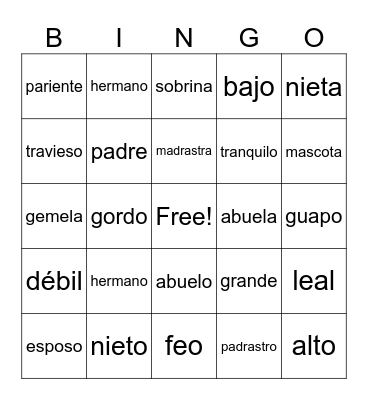 Vocabulario 2.1 Bingo Card