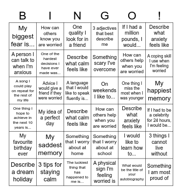 Anxiety Bingo Card
