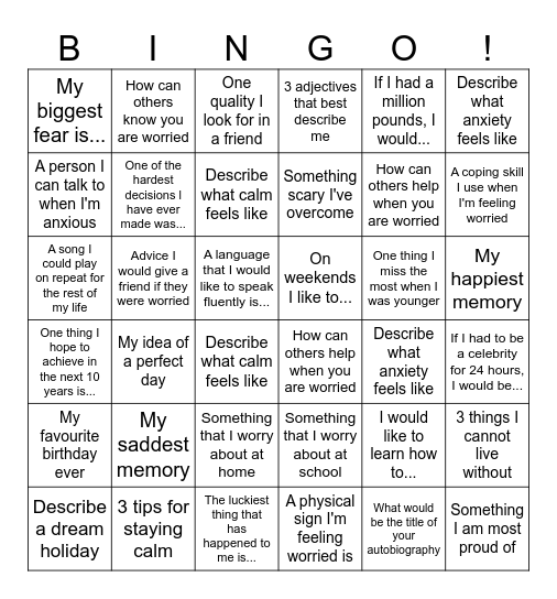Anxiety Bingo Card