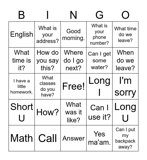ESL Words and Phrases Bingo Card