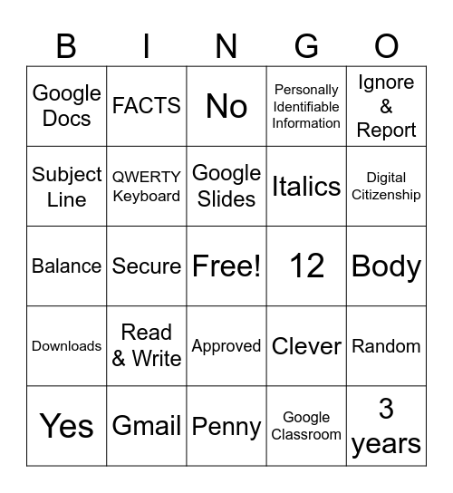 Technology ClassD Bingo Card