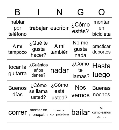 Gustar/Preliminar Unit Bingo Card