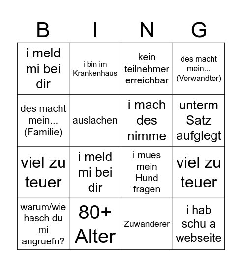 Cold Call Bingo Card