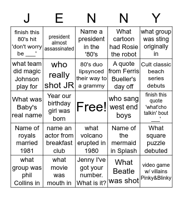 Jenny's 80's Birthday Bingo Card