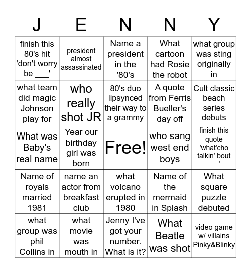 Jenny's 80's Birthday Bingo Card