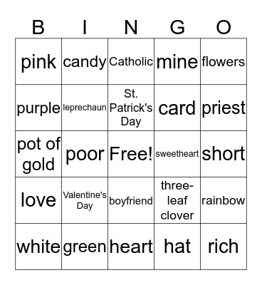 Valentine's/St. Patrick's Day Bingo Card