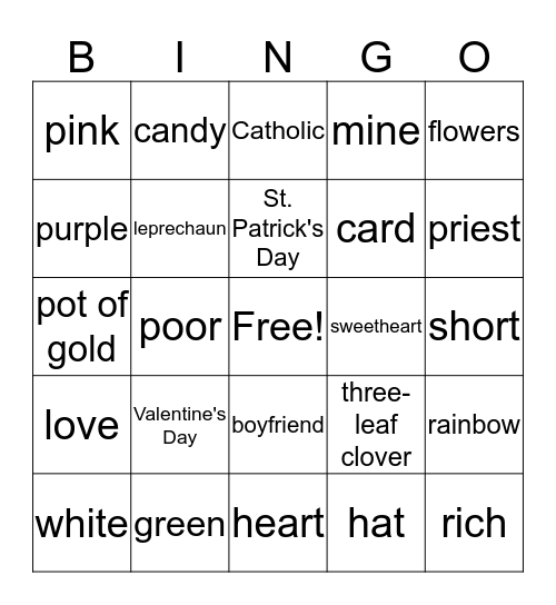 Valentine's/St. Patrick's Day Bingo Card