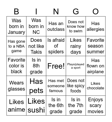Class Bingo Card