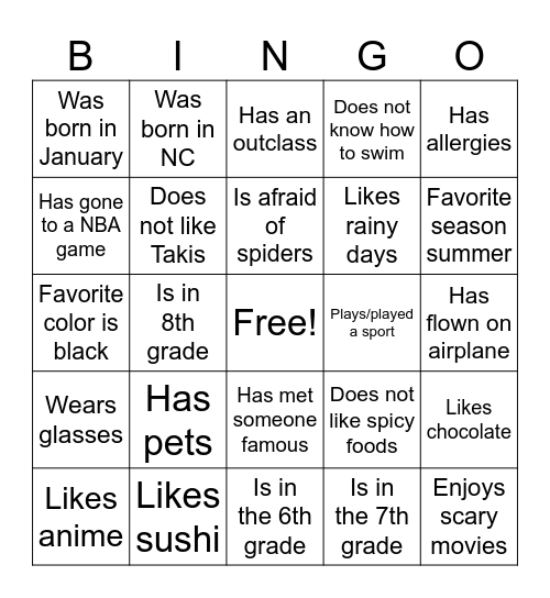 Class Bingo Card