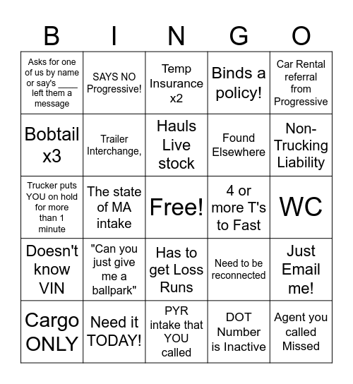 Commercial Truck Insurance HQ Bingo Card