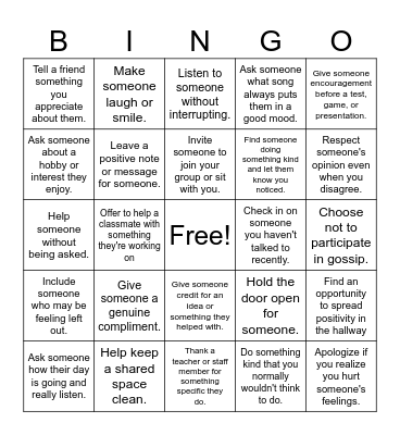 Week of Respect Bingo Card