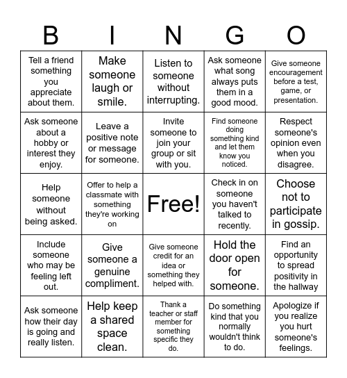 Week of Respect Bingo Card