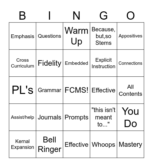 BACON Writing Bingo Card