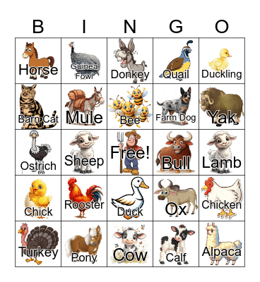 Jennifer's Farm Animal Bingo Card