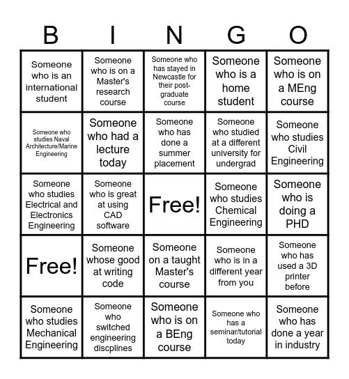 Belonging in Engineering Welcome Event Bingo Card