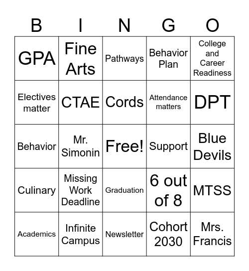 Family Engagement Night Bingo Card