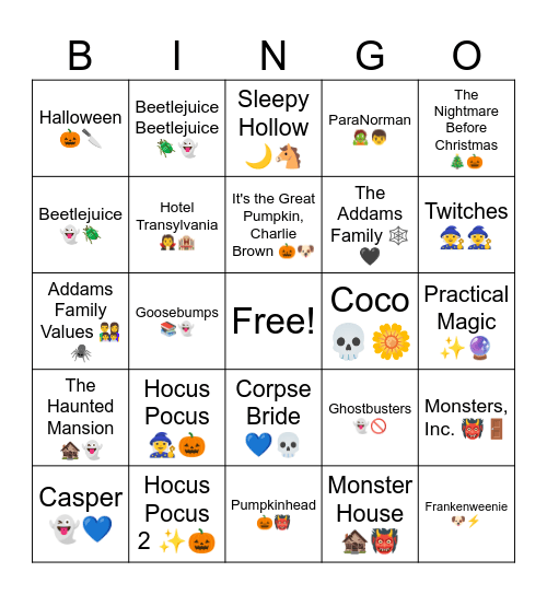 Seasonal Movie Titles Bingo Card