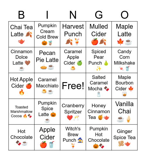 Drinks Perfect for October Bingo Card