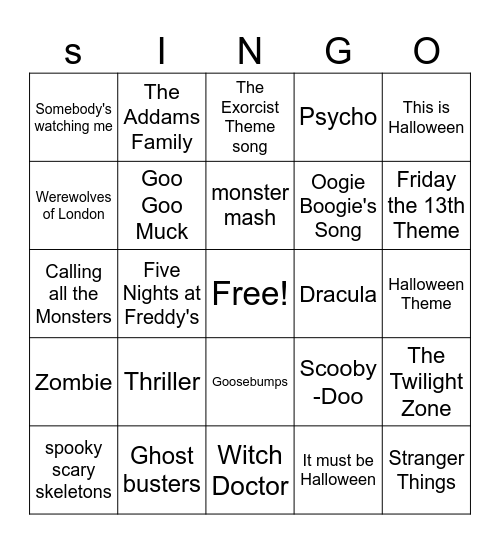 Halloween Music Bingo Card