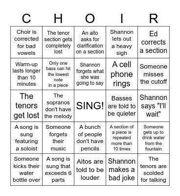 Choir Rehearsal Bingo Card