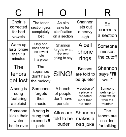 Choir Rehearsal Bingo Card