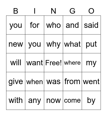 K sight words Bingo Card