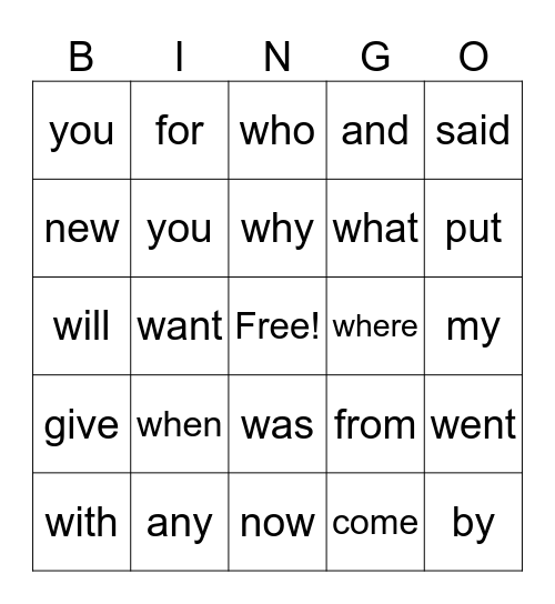 K sight words Bingo Card