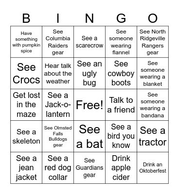 RWF Corn Maze Bingo Card