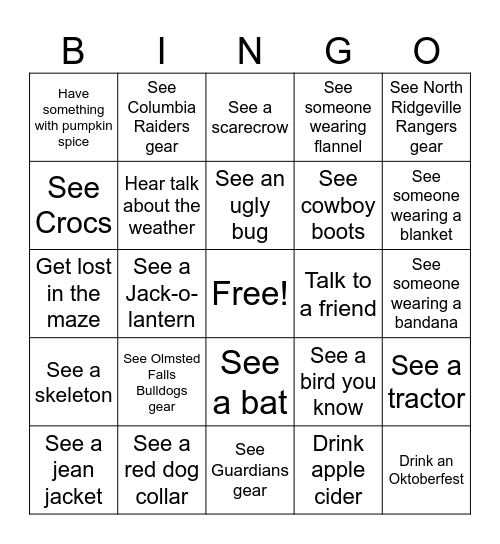RWF Corn Maze Bingo Card