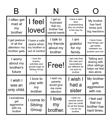 Sibling Group Bingo Card