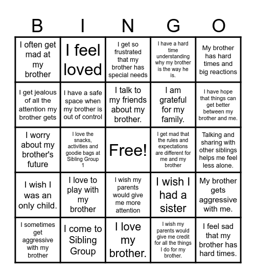 Sibling Group Bingo Card