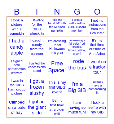 SIBS Cider Mill Bingo Card