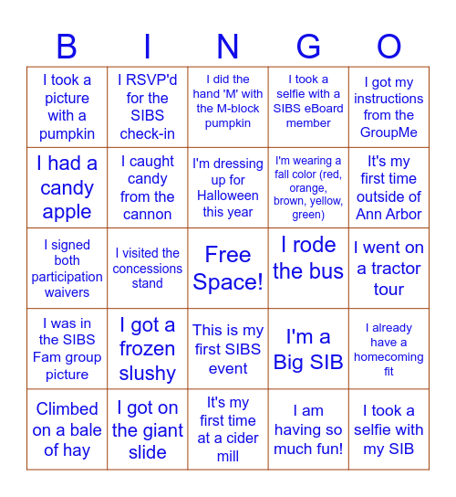 SIBS Cider Mill Bingo Card