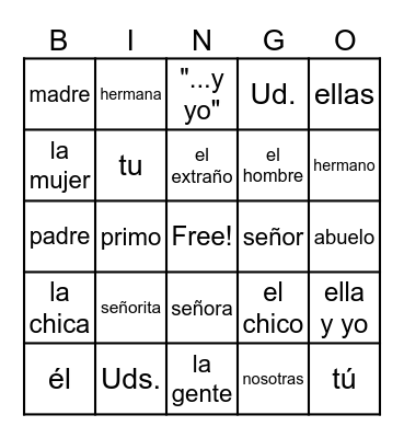 Subject Pronouns and People Bingo Card
