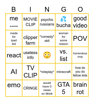 YouTube Shorts Bingo Card