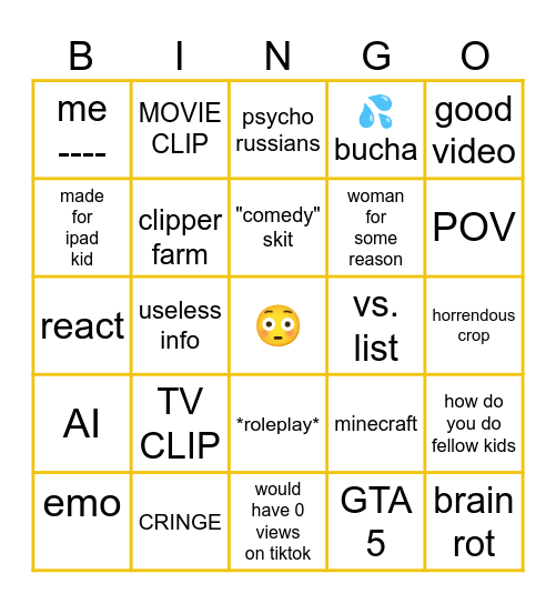 YouTube Shorts Bingo Card
