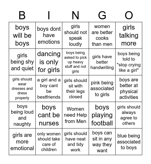 GENDER STEREOTYPES Bingo Card