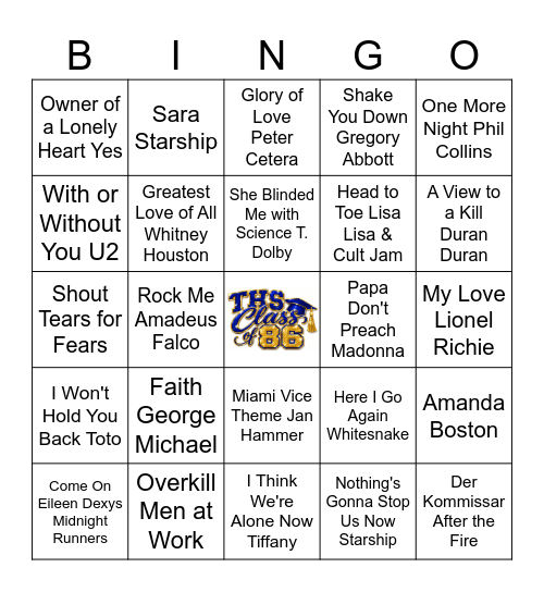 80's Music Bingo 2 Bingo Card