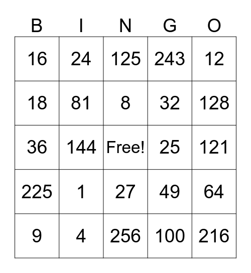 Exponents Bingo Card