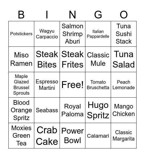 Moxies Bingo Card