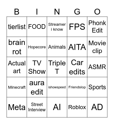 YOUTUBE BINGO 2 Bingo Card