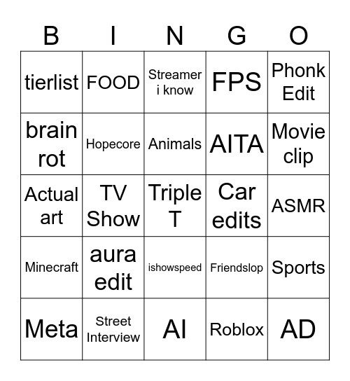 YOUTUBE BINGO 2 Bingo Card