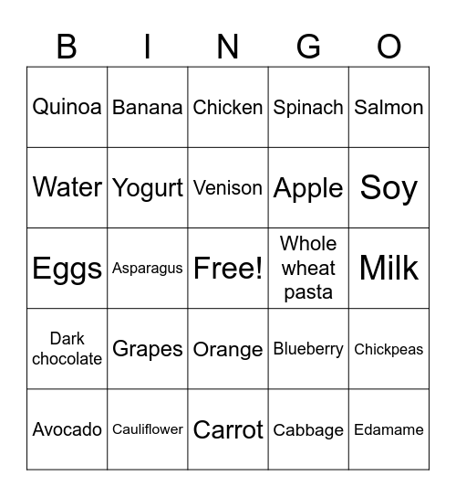 Healthy Eating Bingo Card