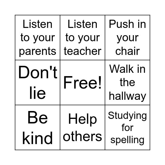 Responsibility Bingo Card