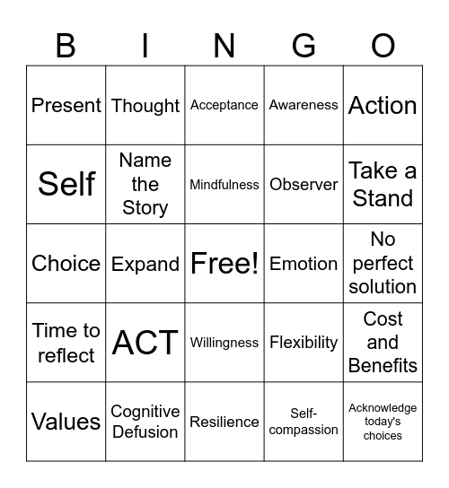 ACT Therapy Bingo Card