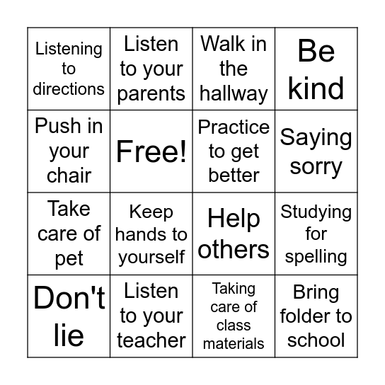 Responsibility Bingo Card